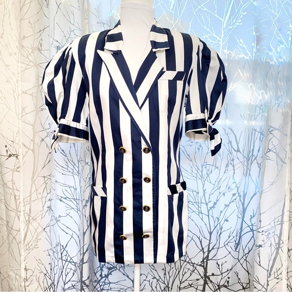 Daniele Alessandrini Jackets & Blazers - Vintage ALESSANDRINI blue white stripe nautical button ballon sleeve jacket top